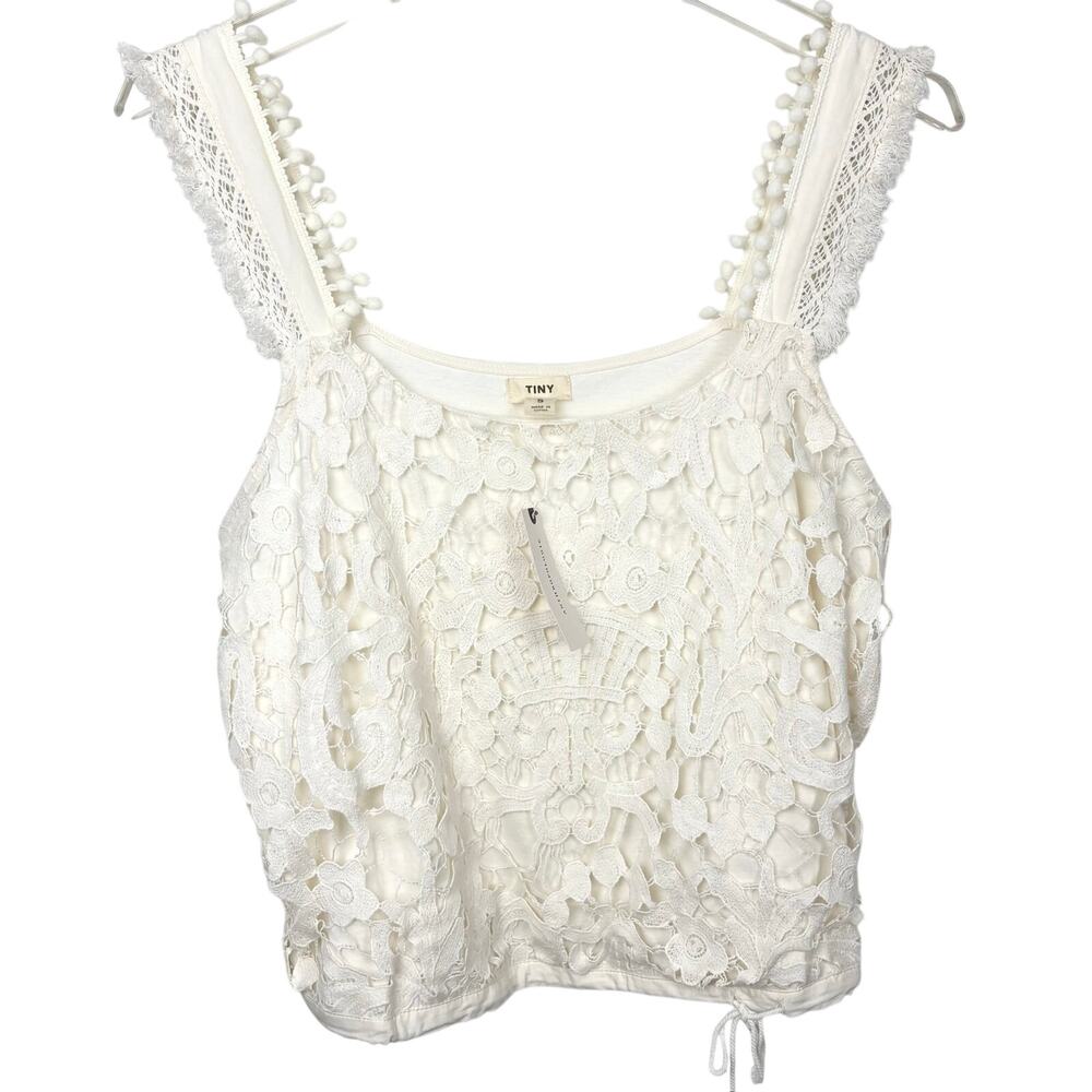 Anthropologie Tiny Macie Lace Crochet Tank Top Cotton Pom Pom Trim Ivory Small